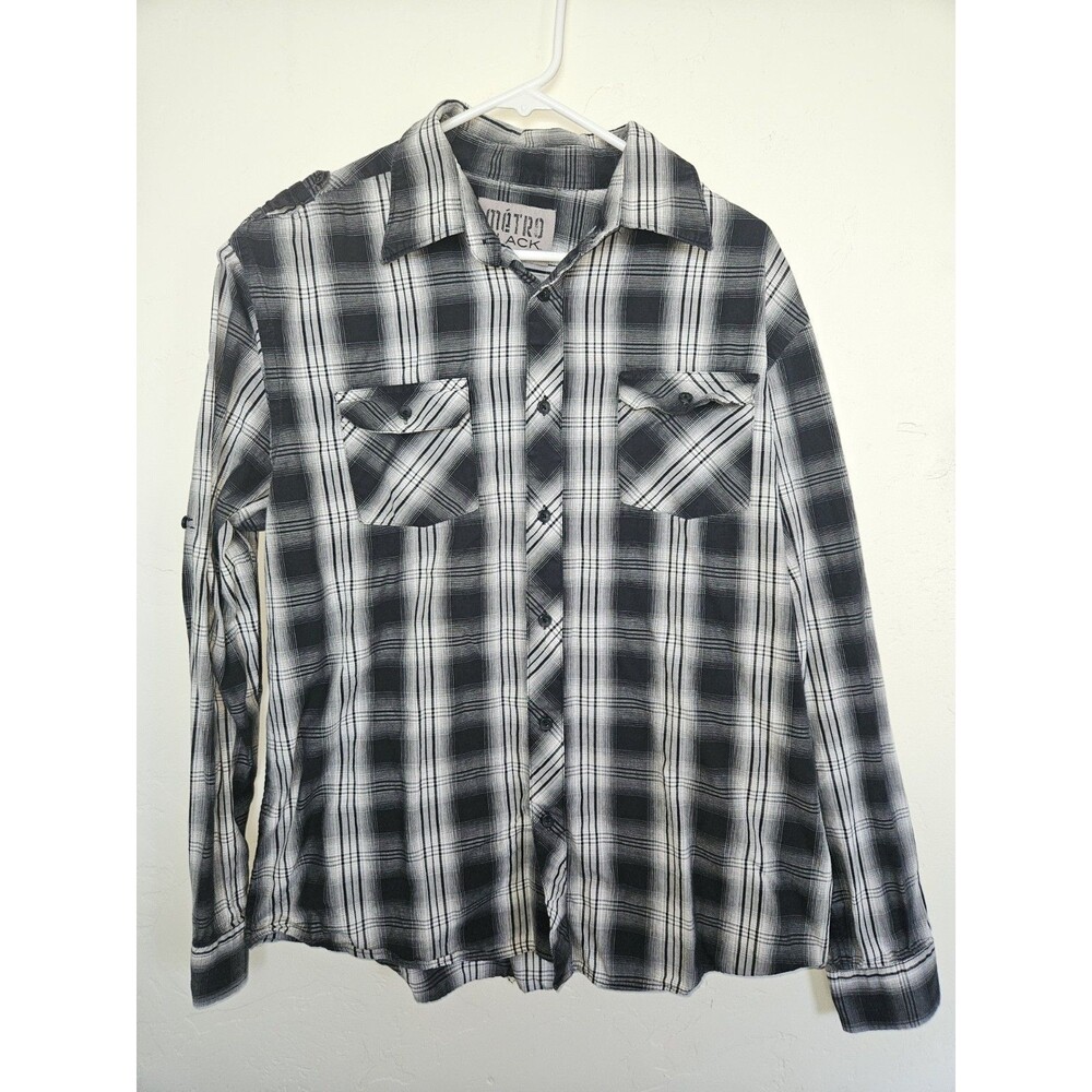 Metro Black Rue 21 Men's Long Sleeve Button-Up Shirt, Black And White Plaid, XL
